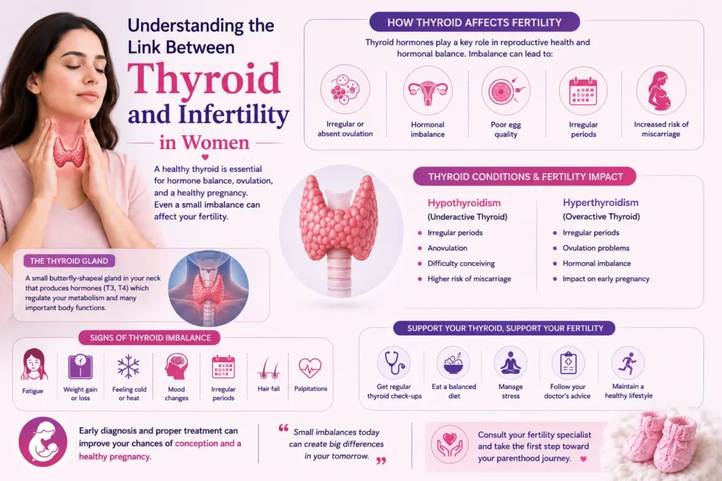 Thyroid and infertility image showing woman with thyroid condition and its impact on fertility, ovulation, and reproductive health.