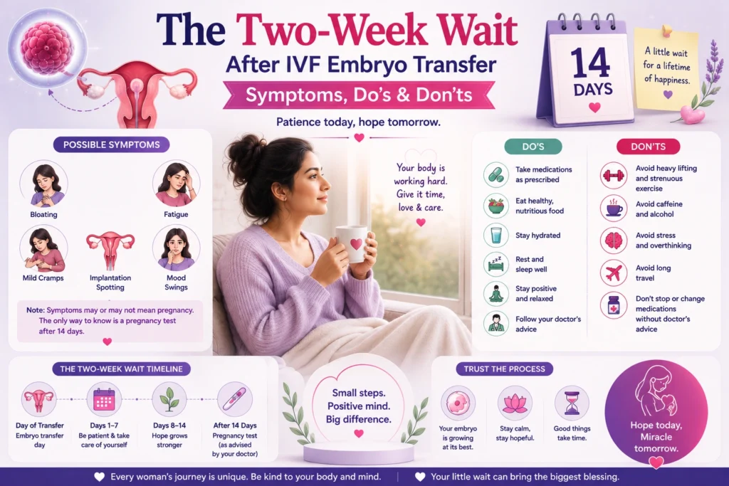 Two-week wait after ivf embryo transfer image showing a hopeful woman during the 14-day waiting period after embryo transfer with ivf care guidance.