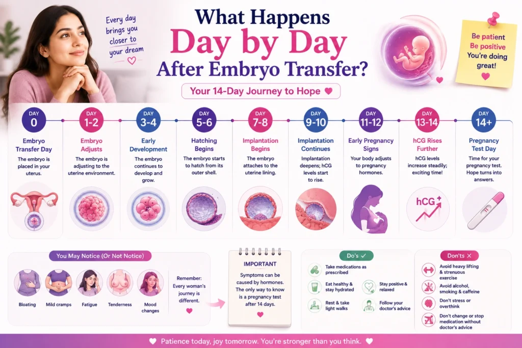 The two-week wait after ivf embryo transfer — symptoms, do's & don'ts 3 Two-week wait after ivf embryo transfer image showing a day-by-day timeline of embryo implantation and pregnancy development after ivf.