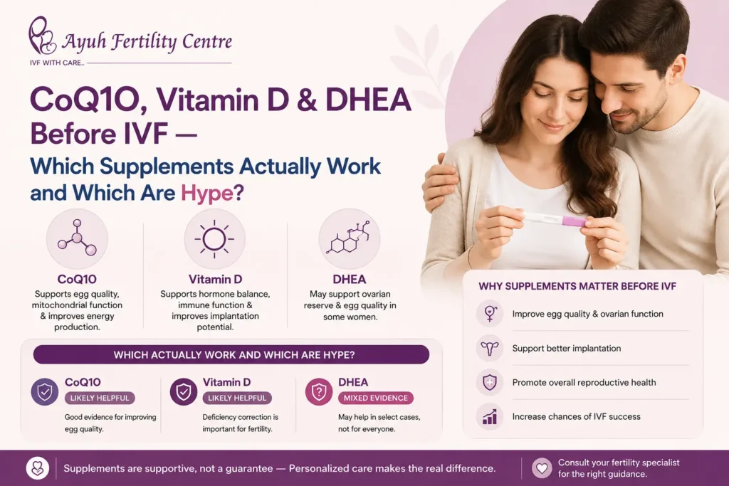 Coq10, vitamin d & dhea before ivf — which supplements actually work and which are hype? 2 Supplements image showing coq10, vitamin d, and dhea before ivf with fertility guidance and reproductive health support.