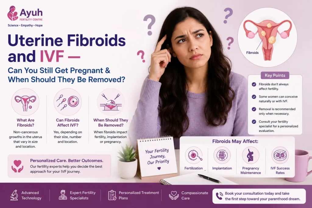 Uterine fibroids and ivf image showing a concerned woman, uterine fibroids illustration, fertility specialist guidance, and ivf treatment options.