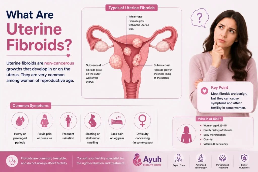 Uterine fibroids and ivf image showing different types of uterine fibroids with a uterus illustration and fertility specialist guidance for ivf treatment.