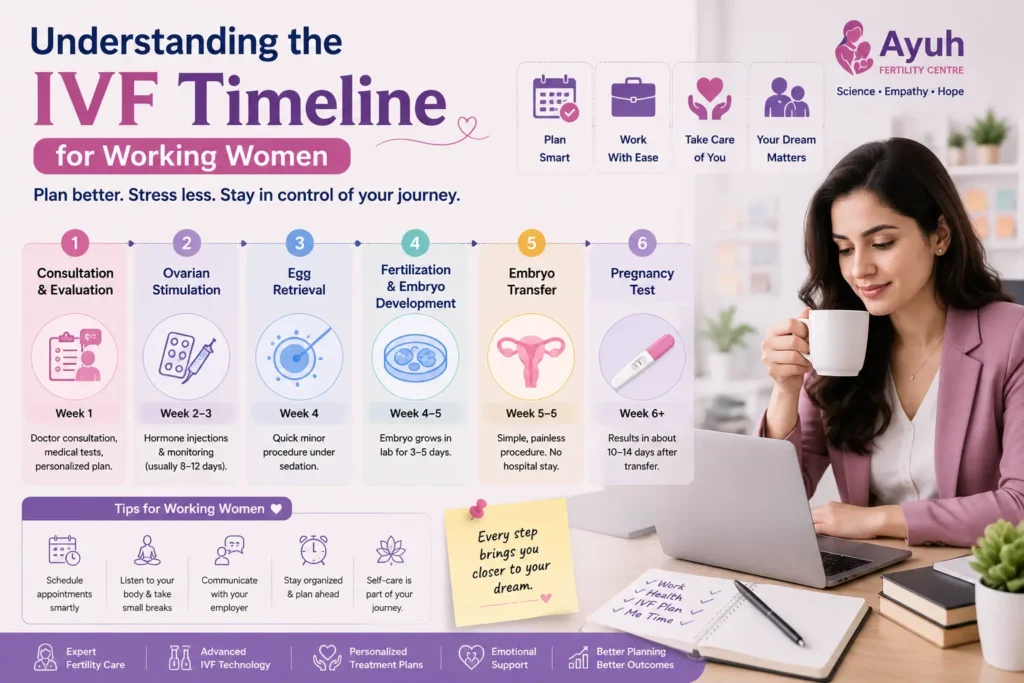 Working women image showing the ivf timeline with a professional woman balancing work responsibilities and fertility treatment.