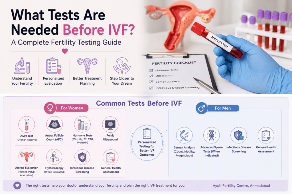 Tests before ivf for women and men including fertility, hormone, ultrasound and semen tests