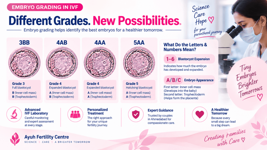 Embryo grading in ivf: what do 4aa, 5aa, 4ab & other embryo grades mean? 2 Embryo grading in ivf showing 4aa, 4ab and 5aa blastocyst grades and embryo development stages